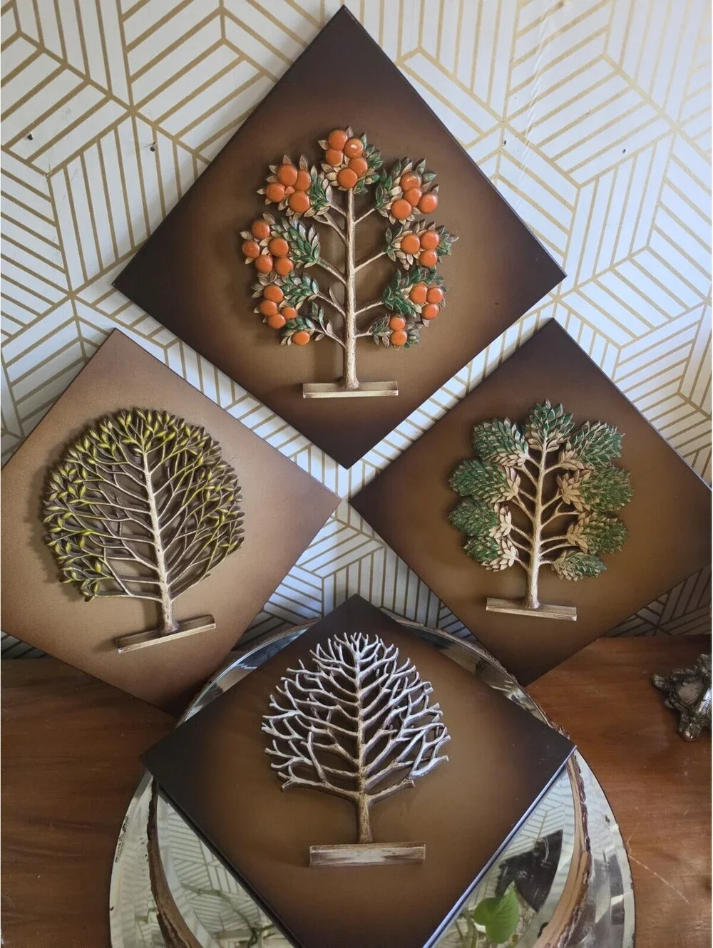 4 Vintage Mid-Century Modern Wall Plaques Syroco Wood Tree in Four Seasons